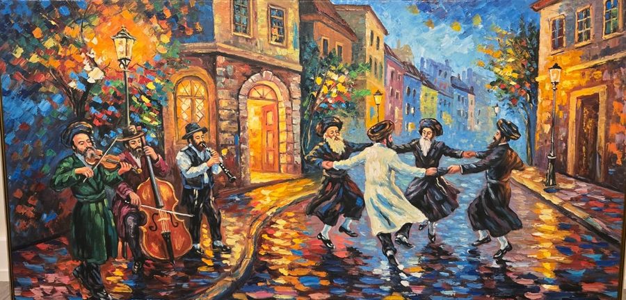 Painting of klezmer musicians and men dancing in a circle on a lit cobblestone street