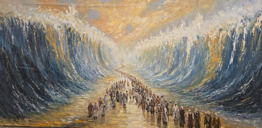 Painting of the splitting of the sea, people walking between towering waves